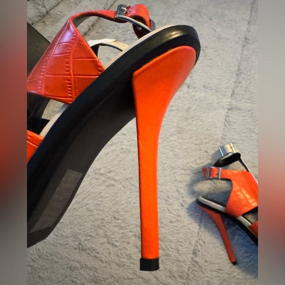 Paper Fox Stylish Orange Croco, White & Black Women's Open Toe Heels with Straps - Picture 7 of 15